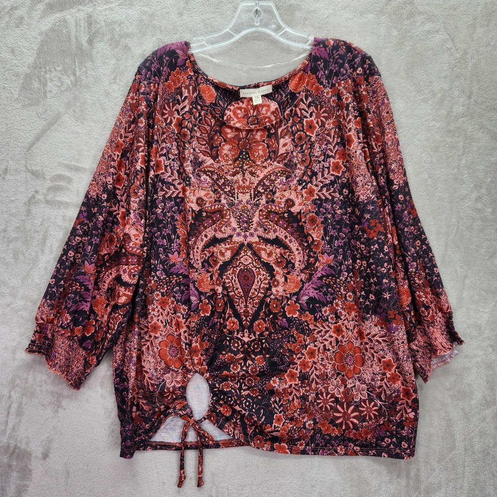 Farmers Market Tunic Womens Plus 3X Burgundy Floral Keyhole Tie Front‎ Studded